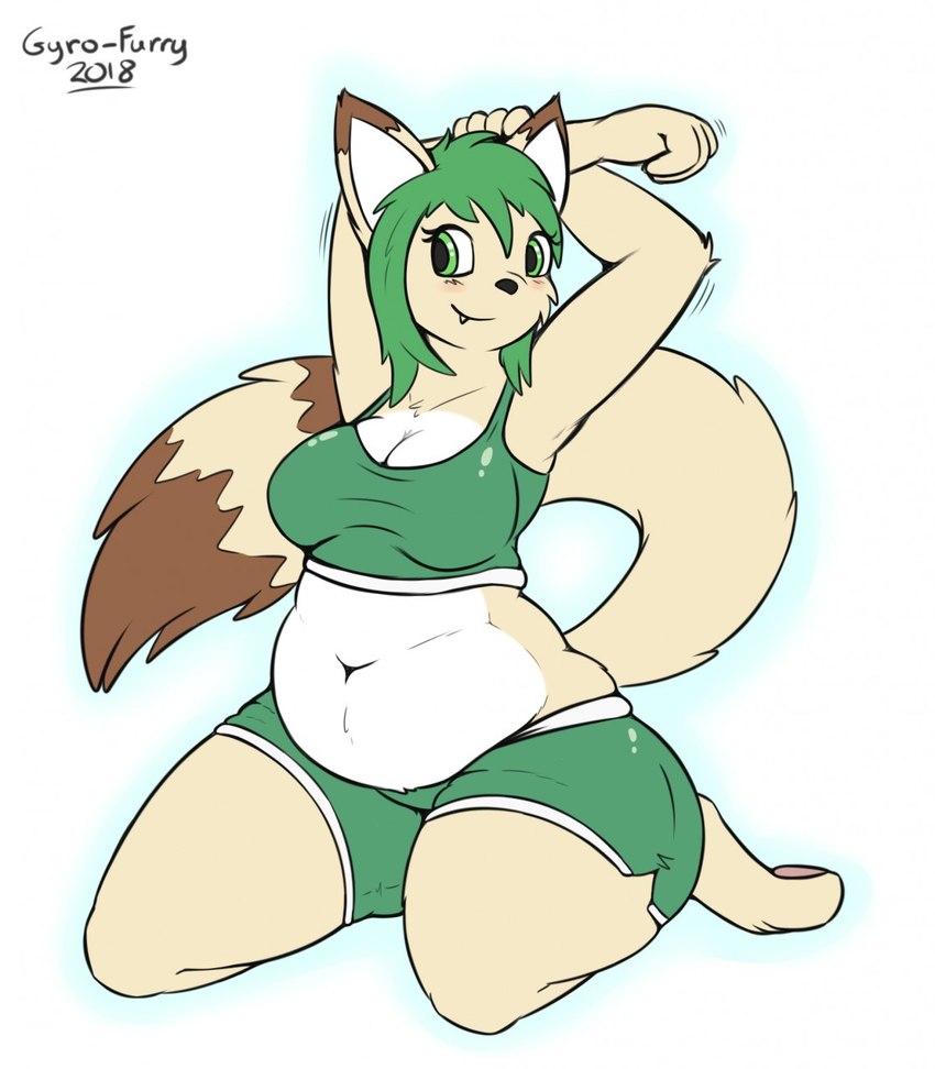 anthro athletic_wear barefoot belly belly_overhang blush bottomwear bra breasts cleavage clothed clothing exercise exercise_clothing feet female fluffy fluffy_tail fur green_eyes green_hair hair kneeling midriff navel overweight overweight_female pawpads shorts simple_background slightly_chubby smile solo sports_bra stretching tail tan_body tan_fur teeth thick_thighs underwear white_background white_body white_fur gyro-furry hazel_verday domestic_cat felid feline felis hybrid mammal procyonid raccoon 2018 hi_res signature