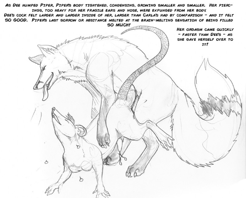 all_fours anthro anthro_on_feral bald_tail bestiality bodily_fluids breasts cum dipstick_tail doggystyle duo ear_piercing ejaculation eyes_closed facial_piercing feral from_behind_position fur genital_fluids genitals gynomorph gynomorph/male hair intersex intersex/male male markings nose_piercing orgasm penis piercing sex shrinking_while_penetrated tail tail_markings text tongue tongue_out transformation arania the_cabin_in_the_woods_(arania) dave_(tcitw) piper_(tcitw) canid canine fox mammal murid murine rat rodent english_text monochrome herm_(lore)