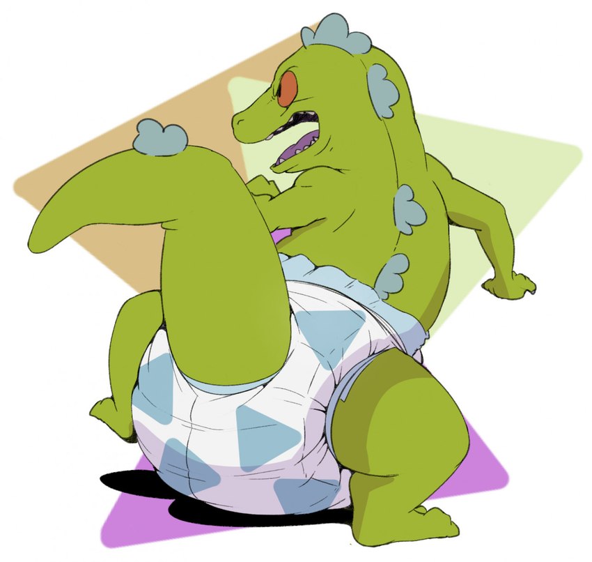 ambiguous_gender angry anthro clothed clothing diaper one_foot_raised open_mouth raised_tail solo standing tail teeth tongue wearing_diaper shironfan nickelodeon rugrats reptar dinosaur prehistoric_species reptile scalie hi_res