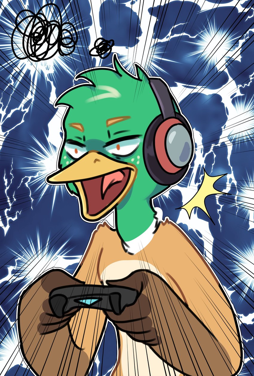 angry anthro beak brown_body brown_feathers controller electronics feathers game_controller gaming green_body green_feathers headgear headphones headset male playing_video_game solo makariavalon sonicfox_vs_quackerman ggmaidenslayer anas anatid anseriform avian bird dabbling_duck duck mallard absurd_res hi_res