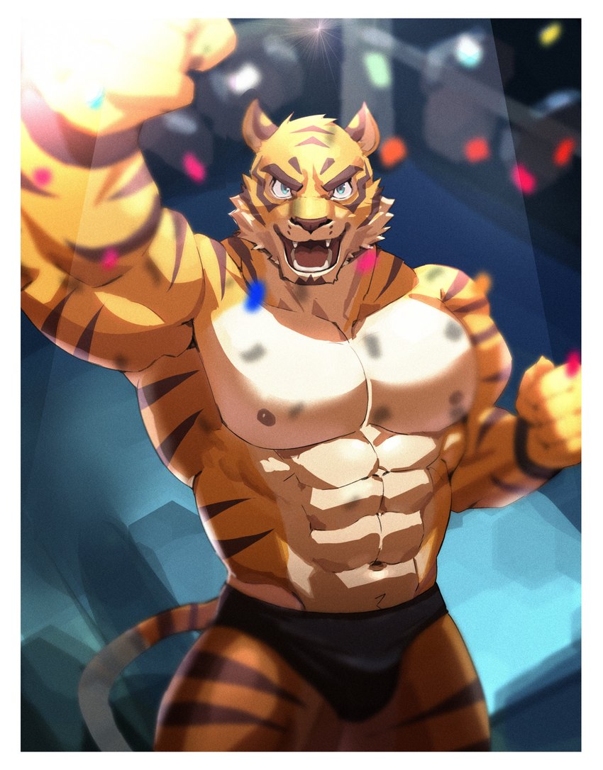 abs anthro bottomwear clothed clothing fur male muscular muscular_anthro muscular_male nipples pecs solo striped_body striped_fur stripes neumokun felid mammal pantherine tiger 2021 absurd_res hi_res