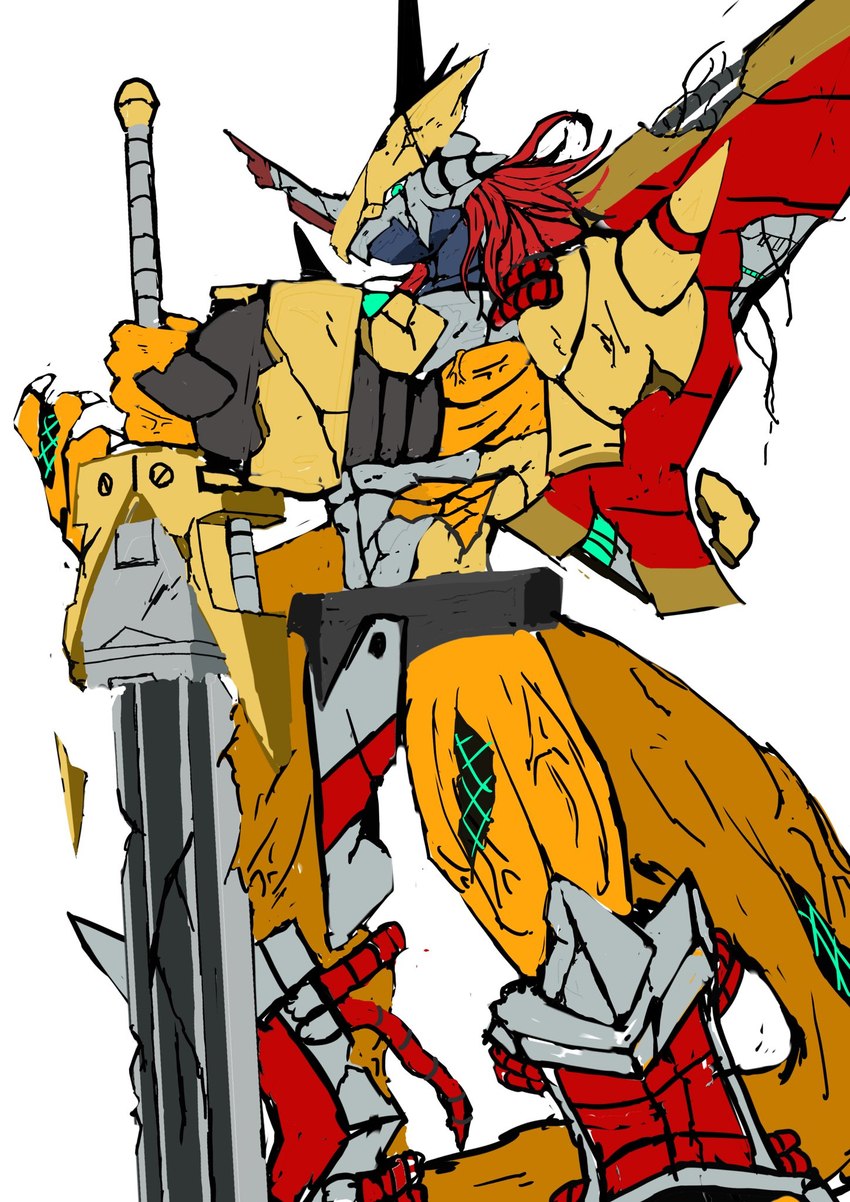 anthro armor green_eyes hair headgear helmet horn long_hair male melee_weapon muscular muscular_anthro muscular_male red_hair solo sword weapon wounded sutunununu bandai_namco digimon digimon_(species) scalie victorygreymon hi_res