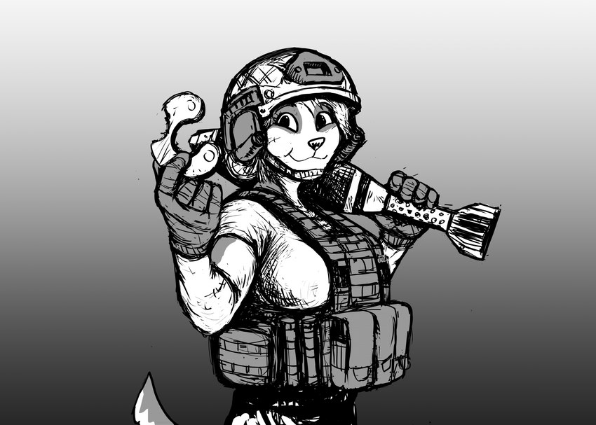 anthro armor belt bomb eating explosives facial_scar female gradient_background headgear helmet military military_helmet mortar offering_to_viewer plate_carrier scar simple_background smile soldier solo utility_belt warrior hladilnik samantha_thott canid canine canis domestic_dog mammal 2023 greyscale hi_res monochrome