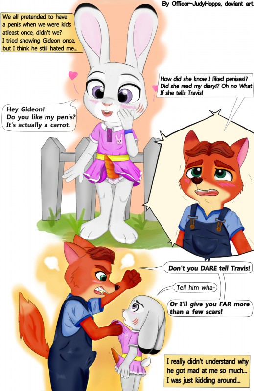 anthro blush carrot clothed clothing dialogue dress female food food_fetish food_play heart_symbol long_ears male plant speech_bubble text vegetable young young_anthro bunnyinquisitor disney zootopia gideon_grey judy_hopps canid canine fox lagomorph leporid mammal rabbit red_fox true_fox comic english_text hi_res