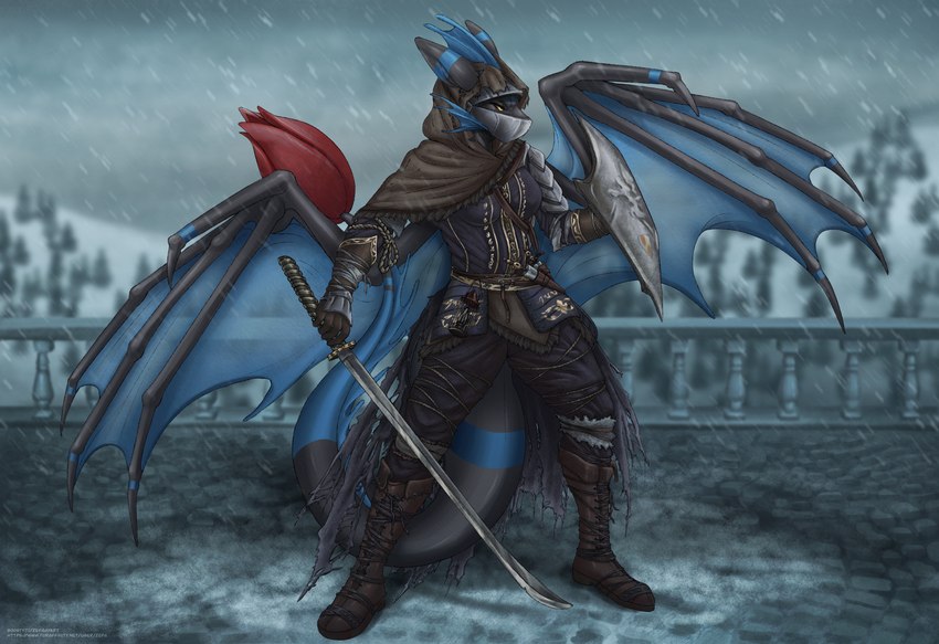 anthro armor black_body gynomorph intersex katana melee_weapon membrane_(anatomy) membranous_wings shield snow solo sword tail tail_mouth unusual_anatomy unusual_tail weapon wings zefa dark_souls fromsoftware souli_(character) hi_res