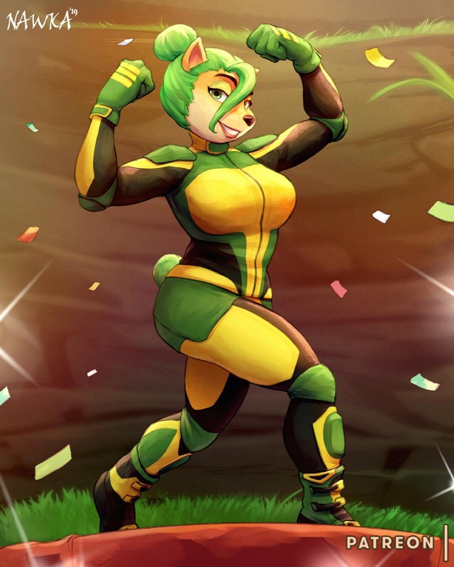 anthro biceps big_breasts biped black_clothing black_nose bodysuit boots breasts camera_flash clothed clothing confetti detailed_background elbow_pads eyebrows eyelashes eyeshadow female flexing footwear fur gloves grass green_clothing green_eyes green_gloves green_hair green_handwear hair hair_bun handwear knee_pads lipstick looking_at_viewer makeup plant podium pose shin_pads shoes short_hair shoulder_pads skinsuit smile solo tight_clothing yellow_clothing nawka activision crash_bandicoot_(series) crash_team_racing_(series) crash_team_racing_nitro-fueled ami_bandicoot bandicoot mammal marsupial 2019 4:5 digital_media_(artwork) full-length_portrait hi_res portrait