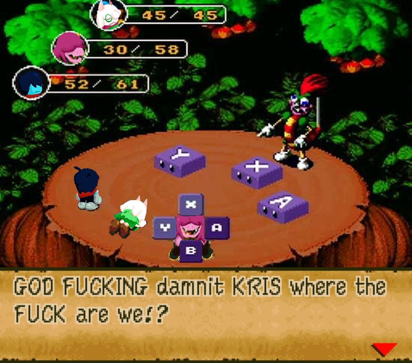 clothed clothing derp_eyes dialogue female gesture group hand_gesture humor lying male on_front parody pointing profanity screencap screencap_background text text_box tree_stump casualrad deltarune kris_where_are_we mario_bros nintendo super_mario_rpg_legend_of_the_seven_stars super_nintendo undertale_(series) bowyer_(mario) kris_(deltarune) ralsei susie_(deltarune) bovid caprine goat human mammal reptile scalie 2021 english_text meme