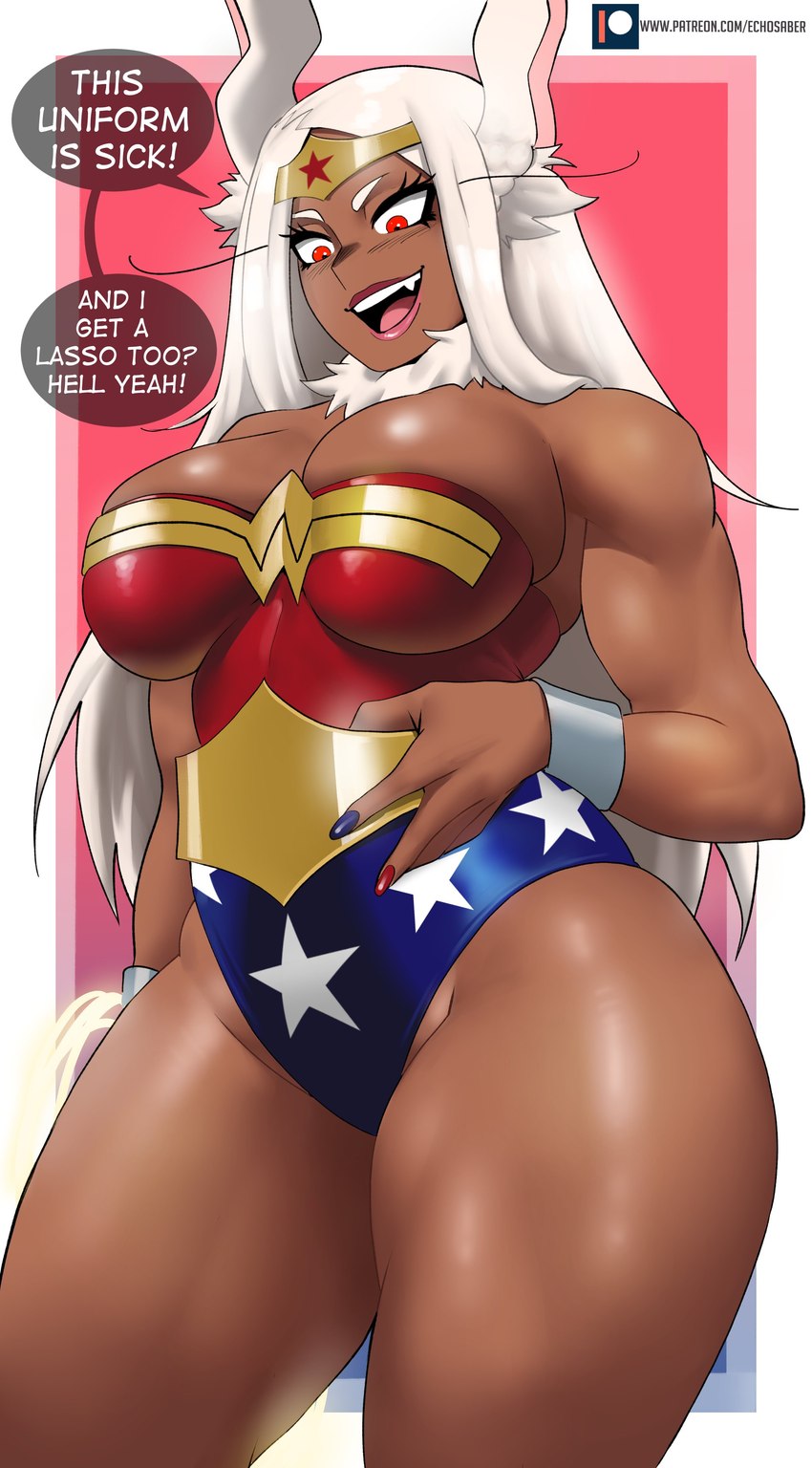 big_breasts blush breasts clothing cosplay crossover_cosplay dark_body dark_skin dialogue female hair huge_breasts long_hair red_eyes solo text tight_clothing white_hair echo_saber dc_comics my_hero_academia wonder_woman_(series) rumi_usagiyama wonder_woman animal_humanoid humanoid lagomorph lagomorph_humanoid leporid_humanoid mammal mammal_humanoid rabbit_humanoid 2023 absurd_res crossover english_text hi_res