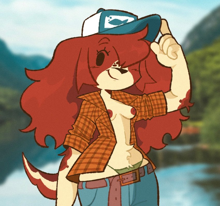 anthro areola belly_tuft belt blurred_background breasts clothed clothing countershading female fishing_hat fur jacket lake nipples no_bra open_clothing open_jacket open_shirt open_topwear panties pattern_clothing pattern_shirt pattern_topwear plaid plaid_clothing plaid_shirt plaid_topwear red_body red_fur shirt smile solo tipping_hat topwear tuft underwear puppeypawbs maple_(puppeypawbs) canid canine canis domestic_dog mammal 2024 digital_drawing_(artwork) digital_media_(artwork) hi_res