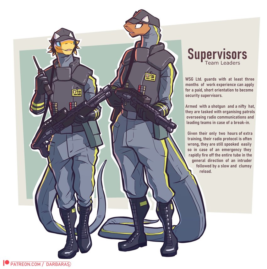 ambiguous_gender anthro boots clothed clothing duo footwear gloves gun handwear hat headgear headwear holding_gun holding_object holding_ranged_weapon holding_weapon looking_at_another male patreon_logo ranged_weapon security security_guard shoes shotgun spas-12 text weapon darbaras patreon lizard reptile scalie 2022 colored english_text hi_res url