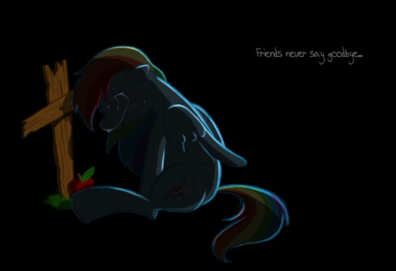 abandoned apple black_background blue_body blue_feathers bodily_fluids cross crying cutie_mark darkness depressing feathered_wings feathers feels female feral food fruit grave grief hair multicolored_hair plant rainbow_hair sad simple_background solo tail tears text wings sir_dangereaux friendship_is_magic hasbro my_little_pony mythology rainbow_dash_(mlp) equid equine mammal mythological_creature mythological_equine pegasus 2011 digital_media_(artwork) english_text