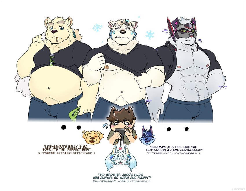 abs anthro belly clothed clothing clothing_lift embarrassed eyebrows female group male mask musclegut muscular muscular_anthro muscular_male navel nipples one_eye_closed pecs shirt shirt_lift text thick_eyebrows topwear wink judicatorkoo lifewonders tokyo_afterschool_summoners bandaid_protagonist_(tas) cu_sith_(tas) enigma_(tas) jack_frost_(tas) leib_(tas) protagonist_(tas) snegurochka_(tas) tindalos_(tas) bear bird_dog canid canine canis domestic_dog golden_retriever human hunting_dog mammal polar_bear retriever ursine wolf english_text hi_res