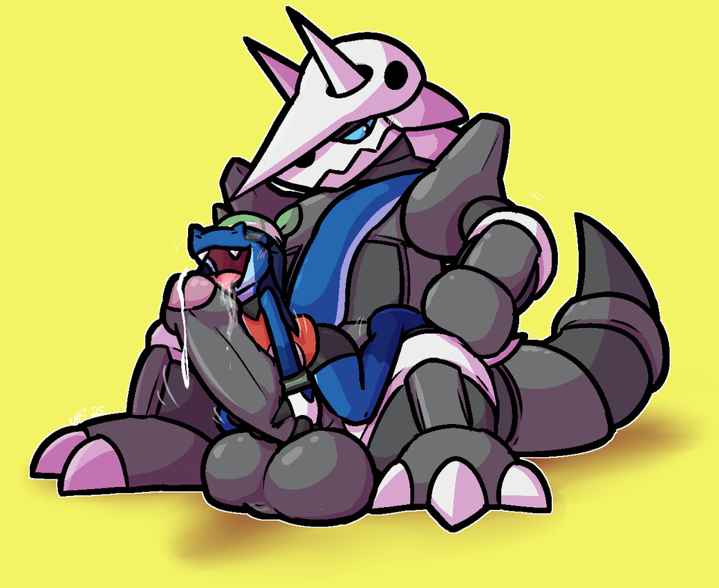 2_horns 3_toes anthro anthro_on_anthro big_penis black_bottomwear black_clothing black_eyes black_gloves black_handwear black_skirt blue_body blue_hair blue_scales blue_sclera blush bodily_fluids bodyjob bone bone_mask bottomwear claws clothing drooling duo erection feet foreskin genitals glans gloves green_headkerchief green_kerchief grey_body grey_penis grey_scales hair half-closed_eyes handwear headgear headkerchief headwear horn huge_penis humanoid_genitalia humanoid_penis kerchief larger_anthro larger_male licking looking_away looking_pleasured male male/male mask narrowed_eyes open_mouth oral orange_clothing orange_topwear orange_vest orgasm penile penis penis_lick pink_glans saliva scales sex simple_background sitting size_difference skirt skull skull_mask smaller_anthro smaller_male toes tongue tongue_out topwear vest white_body white_claws white_clothing white_gloves white_handwear white_headkerchief white_horn white_kerchief white_scales yellow_background ultilix nintendo pokemon ulti_(ultilix) aggron generation_3_pokemon lizard pokemon_(species) reptile scalie 2025