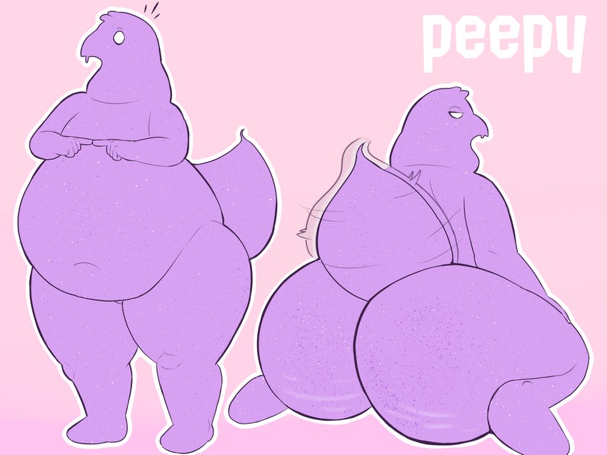 anthro belly big_belly big_butt biped butt candy dessert empty_eyes featureless_crotch food front_view huge_butt huge_thighs index_to_index kneeling looking_at_viewer looking_back looking_back_at_viewer male navel nude overweight overweight_anthro overweight_male pink_background presenting presenting_hindquarters purple_body rear_view simple_background solo sparkles standing tail tail_motion tailwag text thick_thighs mcerror peeps fan_character peepy animate_inanimate food_creature living_candy living_marshmallow 2023 4:3 absurd_res english_text hi_res multiple_images smaller_version_at_source