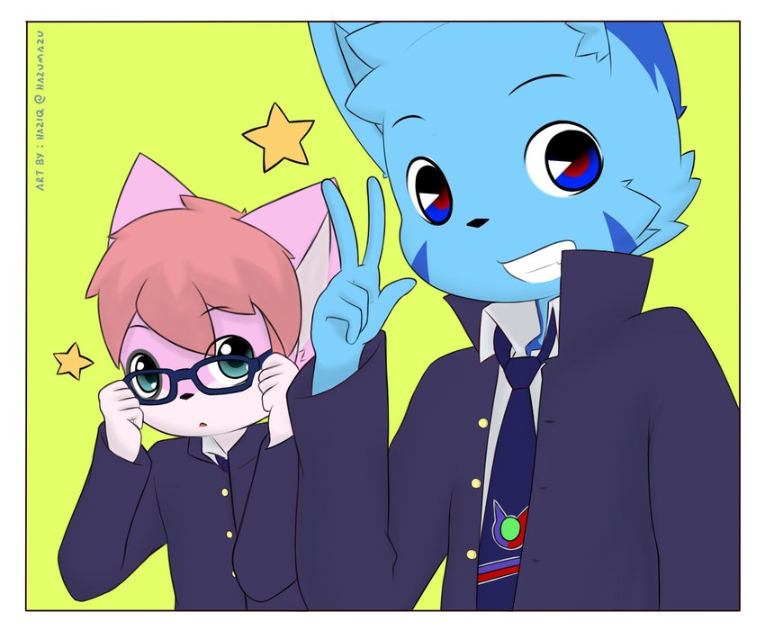 anthro blue_body blue_fur clothed clothing duo eyewear fur glasses green_background green_eyes looking_at_viewer male male/male pink_body pink_fur red_eyes school_uniform simple_background smile smiling_at_viewer star suit uniform young young_anthro young_male hazumazu haziq_(hazumazu) naz_namaki_(cynxie) domestic_cat felid feline felis mammal 2022 artist_name hi_res