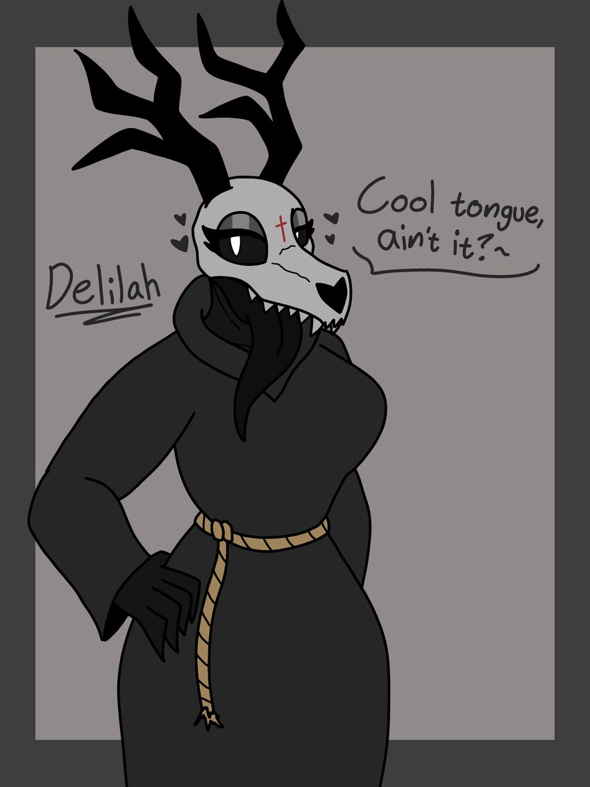 anthro antlers black_body bone clothed clothing female horn looking_at_viewer shirt simple_background skull skull_head solo teeth text tongue tongue_out topwear tunic enderbendr american_mythology indigenous_north_american_mythology mythology north_american_mythology delilah_(endrslendr) mammal monster wendigo 3:4 absurd_res digital_media_(artwork) hi_res