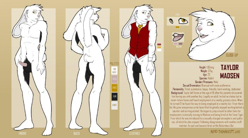 animal_genitalia anthro balls bottomless clothed clothing femboy fully_sheathed fur genitals male navel necktie nude off/on penis sheath solo text white_body white_fur thedarkestt bottomless_bar taylor_madsen lagomorph leporid mammal rabbit 2017 english_text model_sheet