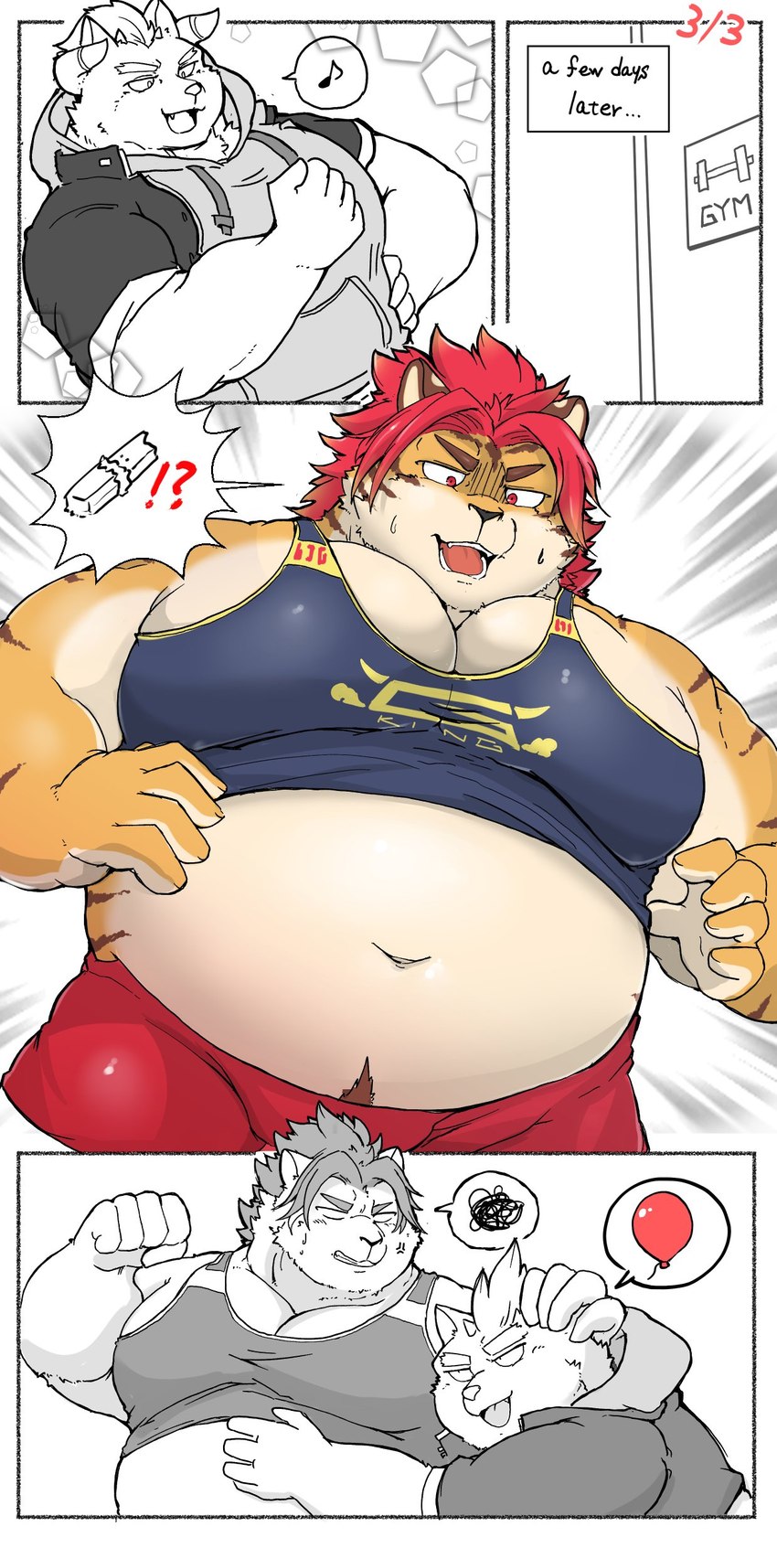 anthro belly bodily_fluids bottomwear clothing duo hand_on_belly hoodie hug kemono male moobs musclegut muscular muscular_anthro muscular_male navel overweight overweight_anthro overweight_male pecs shirt shorts surprise sweat tank_top tight_clothing topwear aretna lifewonders tokyo_afterschool_summoners behemoth_(tas) nomad_(tas) felid mammal pantherine tiger 2021 absurd_res comic hi_res