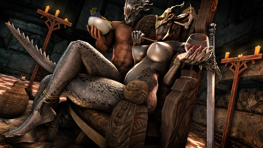 abs anthro armor breasts chair claws duo female finger_claws fingers food fruit furniture grape headgear helmet holding_object melee_weapon navel nipple_piercing nipples pecs piercing plant sitting sword throne tongue tongue_out weapon muetank microsoft the_elder_scrolls argonian human mammal reptile scalie 16:9 2022 3d_(artwork) digital_media_(artwork) hi_res widescreen