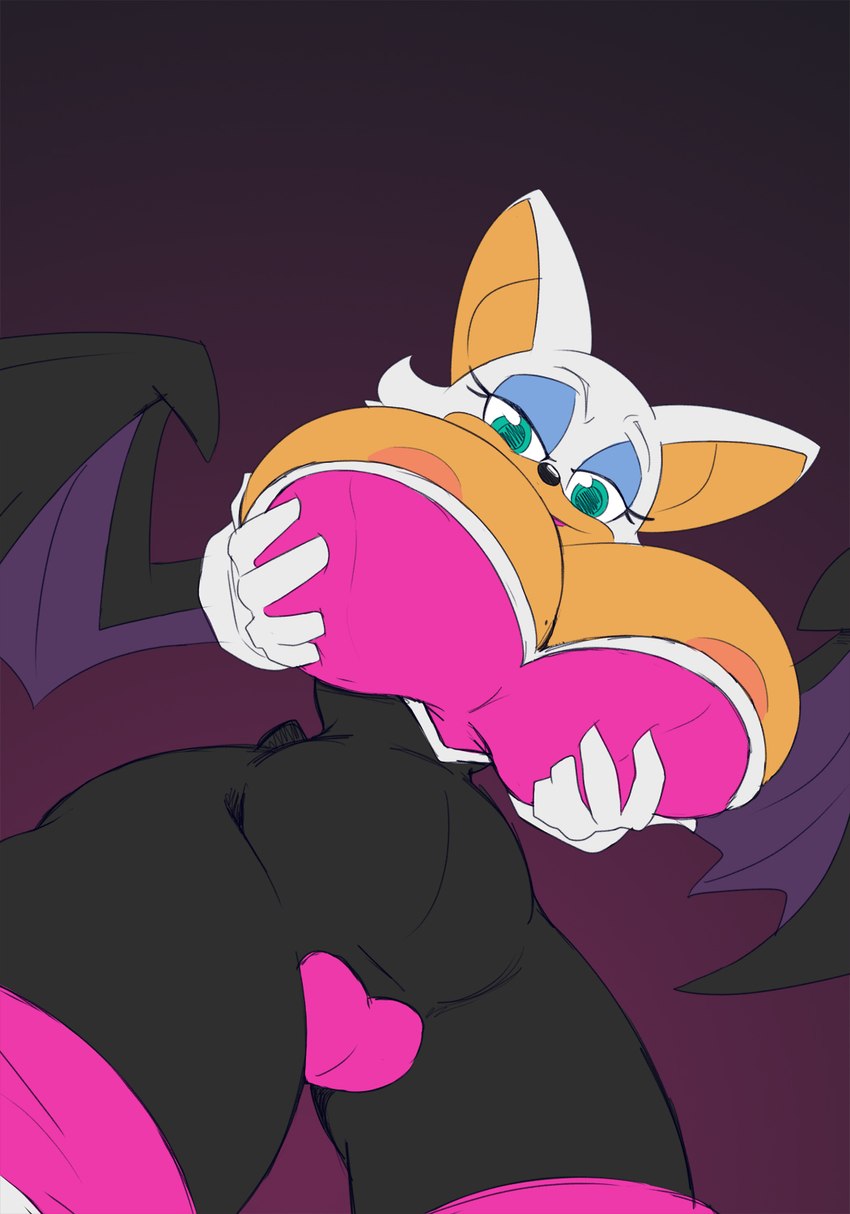 anthro areola big_breasts black_nose breasts brown_areola brown_body clothed clothing female gloves green_eyes handwear huge_breasts purple_background simple_background solo wings imric1251 sega sonic_the_hedgehog_(series) rouge_the_bat bat mammal hi_res