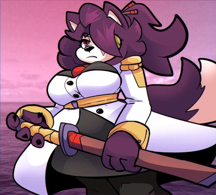 4_fingers anthro big_breasts black_nose breasts brown_body brown_fur brown_hair button_(fastener) clothed clothed_anthro clothed_female clothing epaulet female female_anthro fingers fully_clothed fully_clothed_anthro fully_clothed_female fur hair hair_over_eye holding_melee_weapon holding_object holding_sword holding_weapon light_body light_face light_fur melee_weapon mouth_closed red_eyes solo sword tail topwear two_tone_tail weapon white_clothing cloudidoodles kita_(cloudidoodles) canid canine canis jackal mammal 2022 absurd_res digital_drawing_(artwork) digital_media_(artwork) hi_res portrait three-quarter_portrait