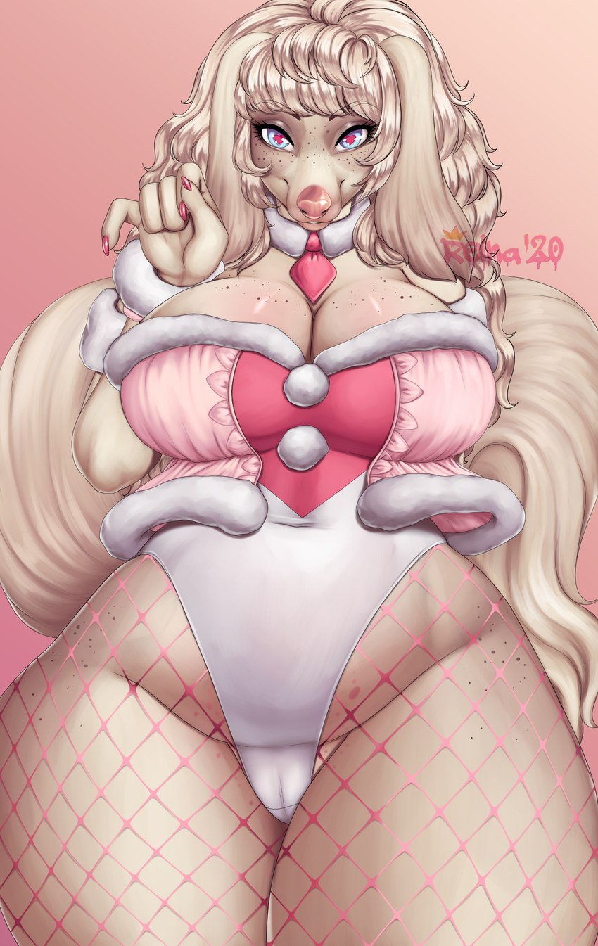 anthro big_breasts blonde_hair breasts cleavage clothed clothing female fishnet_clothing fishnet_legwear freckled_breasts freckles hair legwear solo thick_thighs wide_hips reina. canid canine canis domestic_dog mammal 2020 hi_res