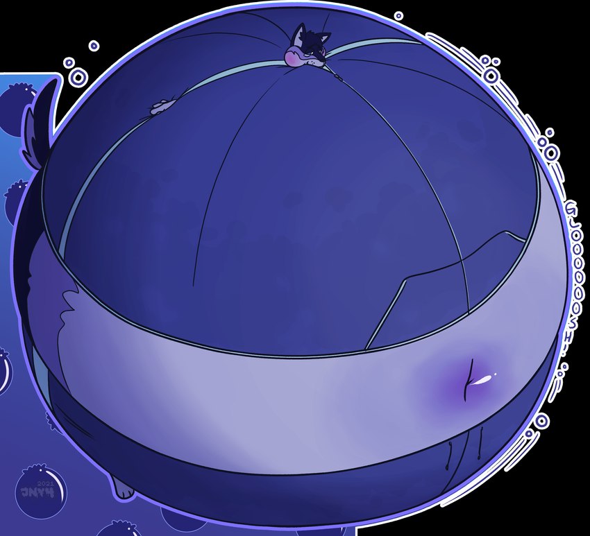 abstract_background ambiguous_gender anthro blue_body blue_fur blueberry_(fruit) blueberry_inflation blush cheek_bulge clothed clothing food fruit fur glush immobile inflation logo motion_lines navel plant solo sound_effects spherical_inflation tracksuit jn_y4 canid canine canis mammal wolf 2021 absurd_res alpha_channel artist_logo dated hi_res