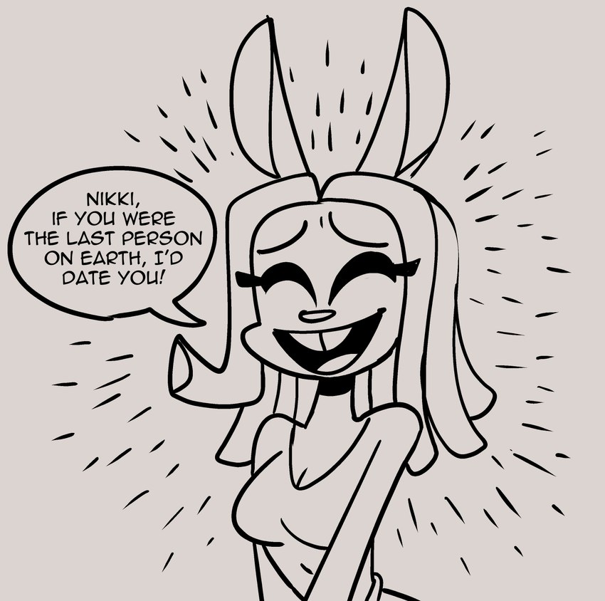 anthro braided_hair buckteeth dialogue eyes_closed female hair open_mouth open_smile smile solo teeth text galactabee orianna_(galactabee) lagomorph leporid mammal rabbit 2024 black_and_white english_text hi_res monochrome