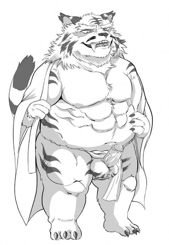 anthro asian_clothing balls belly clothing east_asian_clothing fundoshi genitals humanoid_genitalia humanoid_hands humanoid_penis japanese_clothing male moobs navel nipples overweight overweight_anthro overweight_male penis robe simple_background solo underwear white_background hysk felid feline mammal 2019 hi_res monochrome