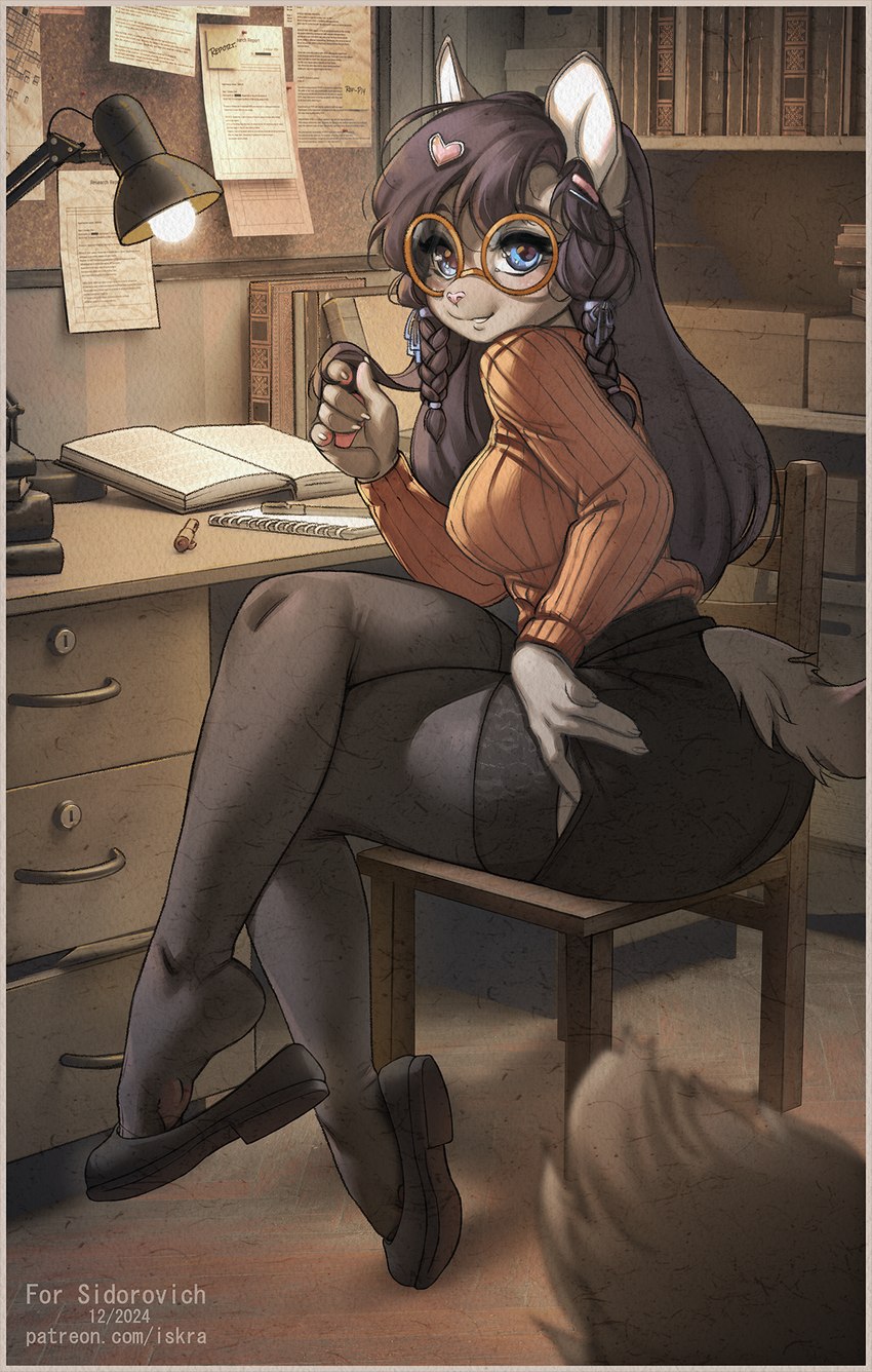 5_fingers anthro book bottomwear breasts chair claws clothed clothed_anthro clothed_female clothing eyewear female finger_claws fingers flats_(shoes) footwear fully_clothed fully_clothed_anthro fully_clothed_female fur furniture glasses grey_body grey_fur grey_hair grey_tail hair handpaw heelpop inner_ear_fluff inside legwear looking_at_viewer loose_footwear paws shoe_dangle shoes sitting skirt smile solo tail thigh_highs topwear tuft iskra domestic_cat felid feline felis mammal 2024 digital_media_(artwork) hi_res