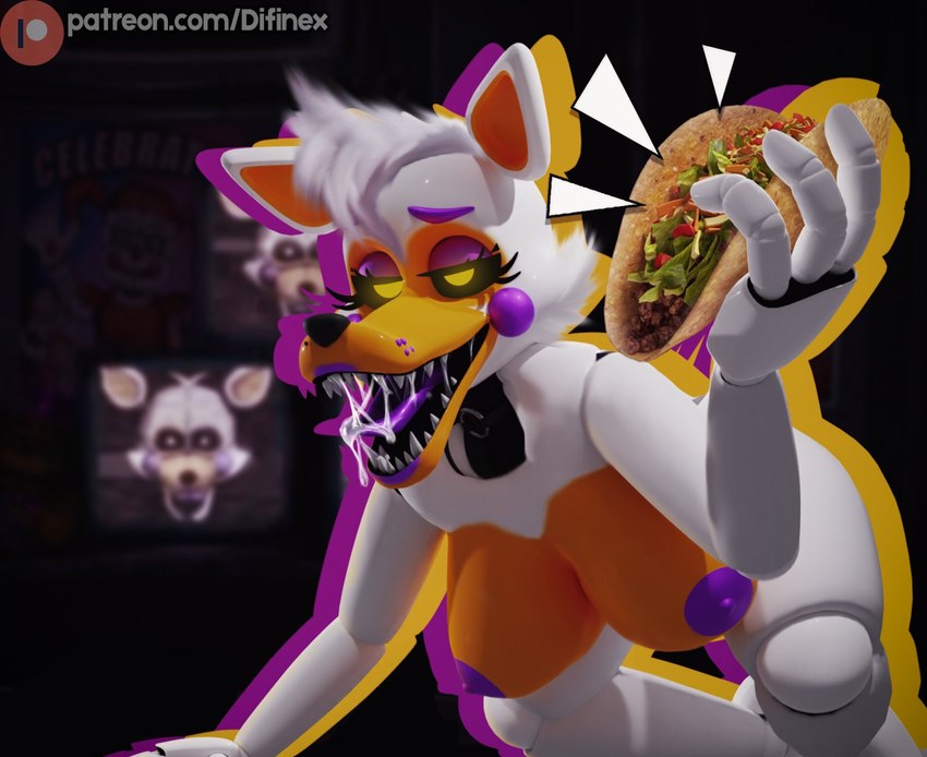 anthro big_breasts bodily_fluids breasts female food holding_food holding_object machine nipples nude open_mouth saliva sharp_teeth solo taco teeth text difinex five_nights_at_freddy's five_nights_at_freddy's_world scottgames lolbit_(fnaf) animatronic canid canine fox mammal robot 2022 3d_(artwork) digital_media_(artwork) hi_res url