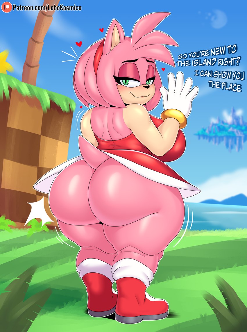 angel_island anthro big_breasts big_butt blush bottomless bottomwear breasts bubble_butt butt clothed clothing curvy_figure detailed_background female footwear fur gloves grass green_eyes hair handwear heart_symbol huge_butt looking_at_viewer looking_back multicolored_body outside palm_tree pink_body pink_fur pink_hair plant rear_view sea short_stack skirt sky smile solo tail text thick_thighs tree two_tone_body water wide_hips lobokosmico sega sonic_the_hedgehog_(series) amy_rose eulipotyphlan hedgehog mammal 2024 absurd_res digital_drawing_(artwork) digital_media_(artwork) hi_res