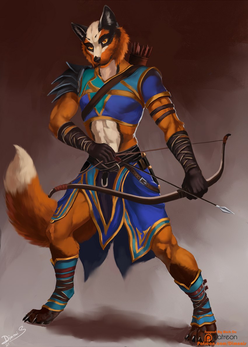 anthro archer arrow_(weapon) athletic athletic_anthro athletic_male bow_(weapon) cocked_bow digitigrade fur holding_bow_(weapon) holding_object holding_ranged_weapon holding_weapon male orange_body orange_eyes orange_fur ranged_weapon solo weapon dimonis dungeons_and_dragons hasbro pathfinder wizards_of_the_coast canid canine fox mammal 2021 hi_res signature