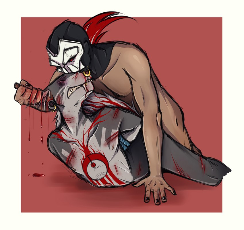 anthro arms_tied bdsm black_eyes blood bodily_fluids bondage bound colored_nails crying duo fangs forced gore gore_focus human_on_anthro interspecies male male/male mask nails nosebleed pain piercing questionable_consent rape rope sex tears teeth torture wearing_mask wounded luraknot league_of_legends riot_games tencent jhin_(lol) vul_rakshaw domestic_cat felid feline felis human humanoid mammal absurd_res hi_res trans_(lore) trans_man_(lore)