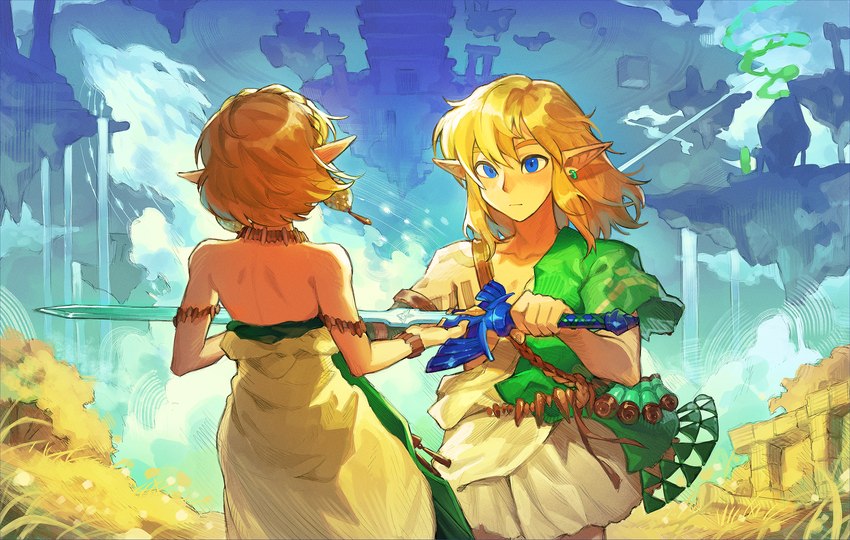 blonde_hair blue_eyes clothing detailed_background dress duo ear_piercing ear_ring female grass hair humanoid_pointy_ears jewelry male master_sword melee_weapon not_furry piercing plant pointy_ears ring_piercing ruins sword triforce water waterfall weapon 9twoeight nintendo tears_of_the_kingdom the_legend_of_zelda link princess_zelda elf humanoid hylian absurd_res hi_res huge_filesize