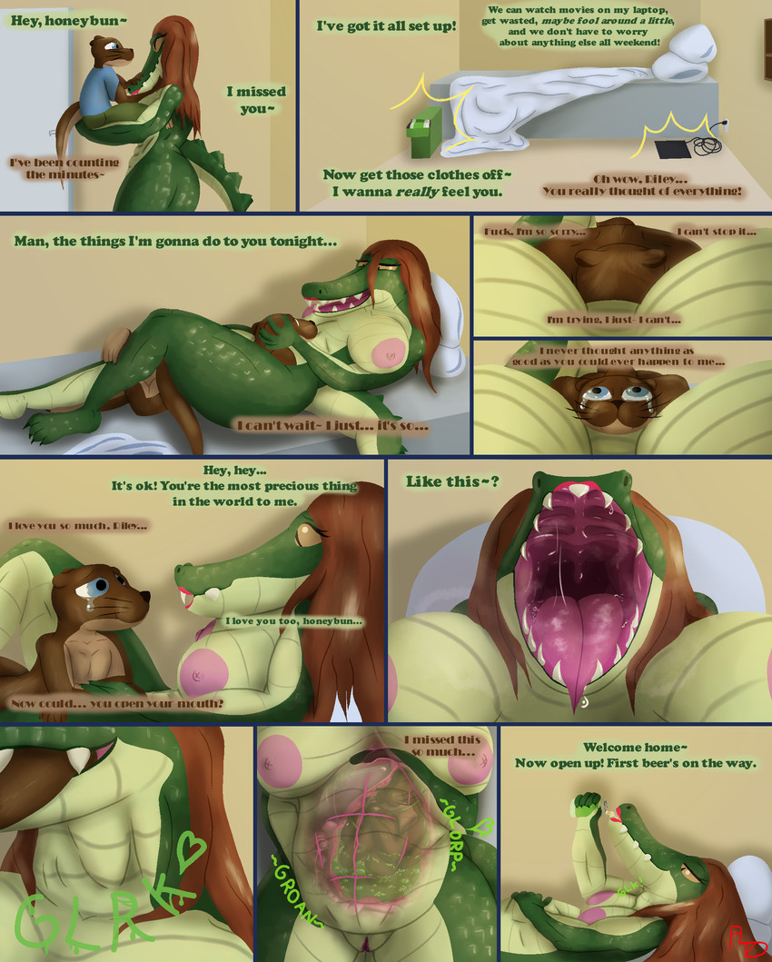 alcohol anthro beer beverage beverage_can big_breasts big_butt blue_eyes bodily_fluids breasts brown_eyes bubbling_acid butt color_coded_text duo face_to_face female genitals guts hair internal intestines larger_female liver looking_at_another looking_at_partner male male/female mouth_shot muscular natural_colors nude open_mouth orange_hair organs profanity pupils romantic saliva sharp_teeth size_difference slit_pupils smaller_male stomach stomach_acid tears teeth text uvula vore vulva flightlesslizard mick_(flightlesslizard) riley_(flightlesslizard) alligator alligatorid crocodilian mammal mustelid otter reptile scalie absurd_res comic english_text hi_res