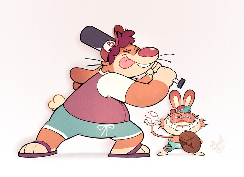 3_toes 4_fingers anthro backwards_baseball_cap backwards_hat ball barefoot baseball_(ball) baseball_bat baseball_cap baseball_glove bat_(object) blue_bottomwear blue_clothing blue_hair blue_shorts bottomwear brown_body brown_fur buckteeth clothed clothing dipstick_ears duo ear_markings ears_down eyebrows eyes_closed eyewear feet fingers footwear fur glasses hair half-closed_eyes happy hat headgear headwear holding_bat holding_object long_ears looking_at_viewer male messy_hair multicolored_body multicolored_ears multicolored_fur narrowed_eyes pink_nose pivoted_ears print_clothing print_hat print_headgear print_headwear puffy_hair purple_clothing purple_footwear purple_hair purple_sandals purple_shirt purple_t-shirt purple_topwear red_clothing red_hat red_headwear sandals shadow shirt shirtless shirtless_anthro shirtless_male shoes short_tail shorts simple_background smile smiling_at_viewer t-shirt tail tan_body tan_fur tan_inner_ear teeth toes tongue tongue_out toony topwear two_tone_body two_tone_fur whiskers white_background ibrah_(artist) lagomorph leporid mammal rabbit 2023 absurd_res colored hi_res