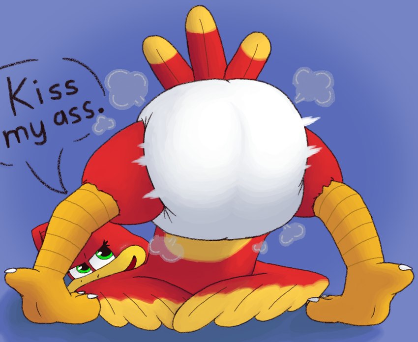 anthro ass_up butt clean_diaper clothed clothing diaper diaper_fetish diaper_only feathers female presenting presenting_hindquarters rear_view red_body red_feathers simple_background smile solo tail text topless wearing_diaper gramy banjo-kazooie rareware kazooie avian bird digital_media_(artwork) english_text hi_res