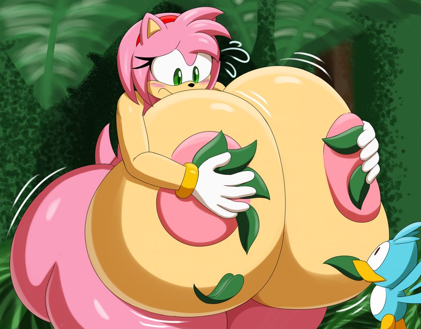 accessory anthro areola big_areola big_breasts big_butt blush breasts butt clothing covering covering_self duo embarrassed female gloves handwear headband huge_breasts huge_butt hyper hyper_breasts hyper_butt leaf nude nude_female tail mechspazer sega sonic_the_hedgehog_(series) amy_rose avian bird eulipotyphlan flicky hedgehog mammal 2023 hi_res