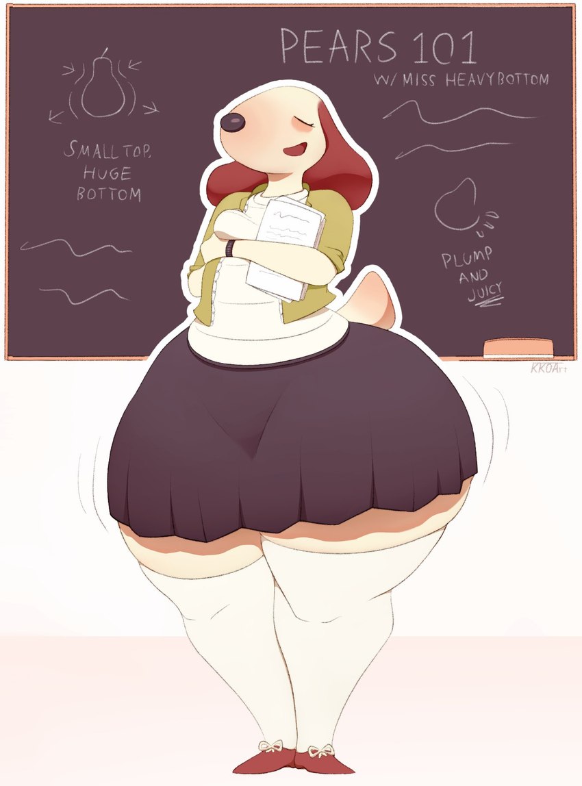 anthro big_butt bottom_heavy bottomwear breasts butt chalkboard clothed clothing curvy_figure eyes_closed female front_view legwear mature_female skirt small_breasts solo stockings tail teacher text thick_thighs voluptuous wide_hips kkoart ms._heavybottom canid canine canis domestic_dog mammal english_text hi_res