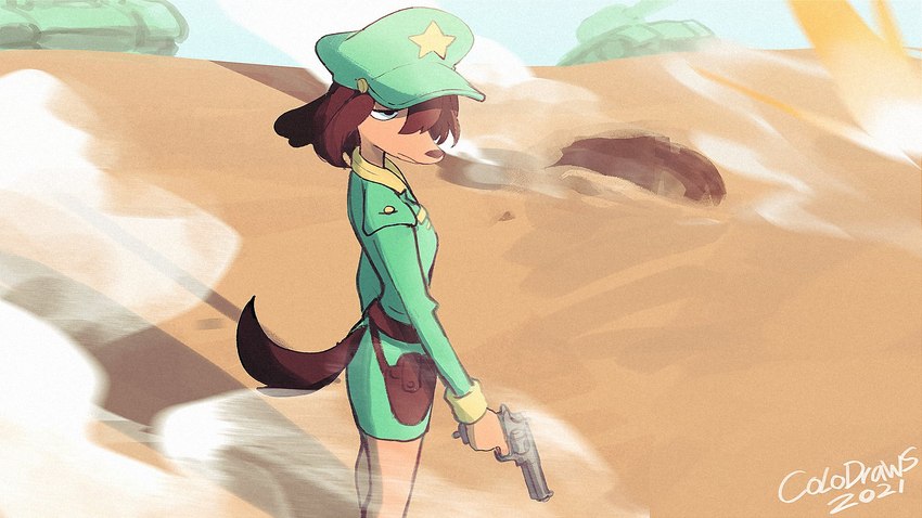 anthro blue_eyes clothing desert female fur gun hair hair_over_eye handgun hat headgear headwear military_cap military_uniform one_eye_obstructed pistol ranged_weapon sand solo tan_body tan_fur tank uniform vehicle war weapon colo misha_(colo) canid canine canis domestic_dog mammal 16:9 2021 hi_res widescreen