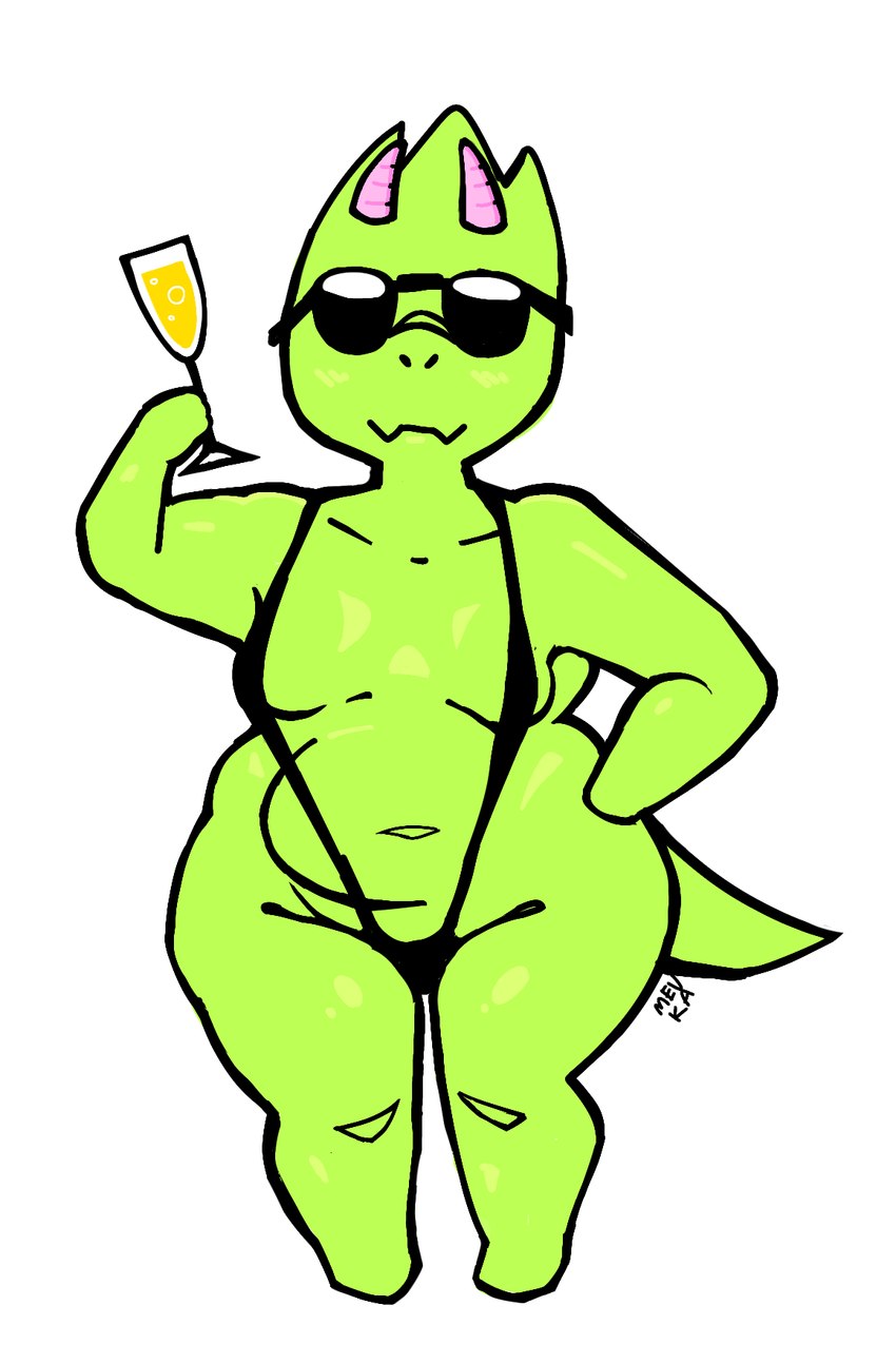 alcohol beverage big_butt breasts butt clothing container cup drinking_glass eyewear female glass glass_container glass_cup horn one-piece_swimsuit sagging_breasts short_stack slightly_chubby slightly_chubby_female sling_bikini solo stubby_horn stubby_legs sunglasses sunglasses_on_face swimwear wide_hips wine_glass mevka_(artist) dinosaur prehistoric_species reptile scalie hi_res