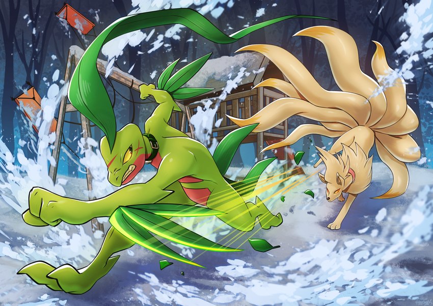 action_pose action_scene ambiguous_gender anthro clenched_teeth collar duo facial_scar feral fight motion_lines playground pokemon_battle pose scar snow teeth haychel nintendo pokemon garret_(igsa101) generation_1_pokemon generation_3_pokemon grovyle ninetales pokemon_(species) absurd_res hi_res