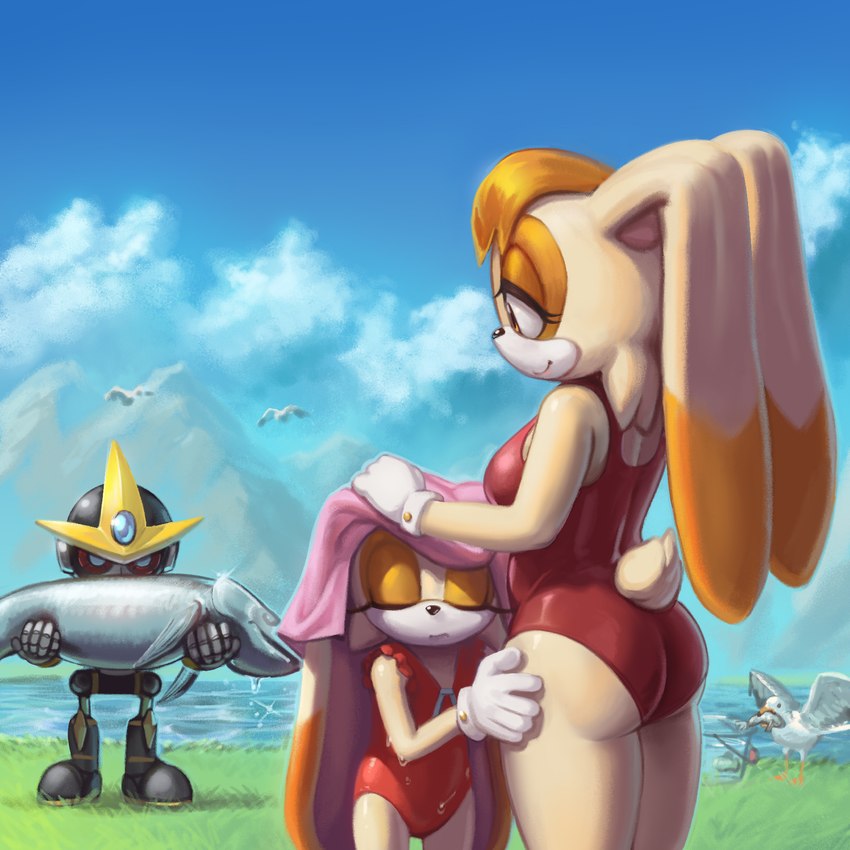 anthro breasts butt clothing cloud day eye_contact female fluffy fluffy_tail gloves grass group handwear looking_at_another machine one-piece_swimsuit plant swimwear tail towel kujalla sega sonic_the_hedgehog_(series) cream_the_rabbit gemerl_(sonic) vanilla_the_rabbit avian bird fish gull lagomorph lari larid mammal marine robot 1:1 2024 hi_res daughter_(lore) mother_(lore) mother_and_child_(lore) mother_and_daughter_(lore) parent_(lore) parent_and_child_(lore) parent_and_daughter_(lore)