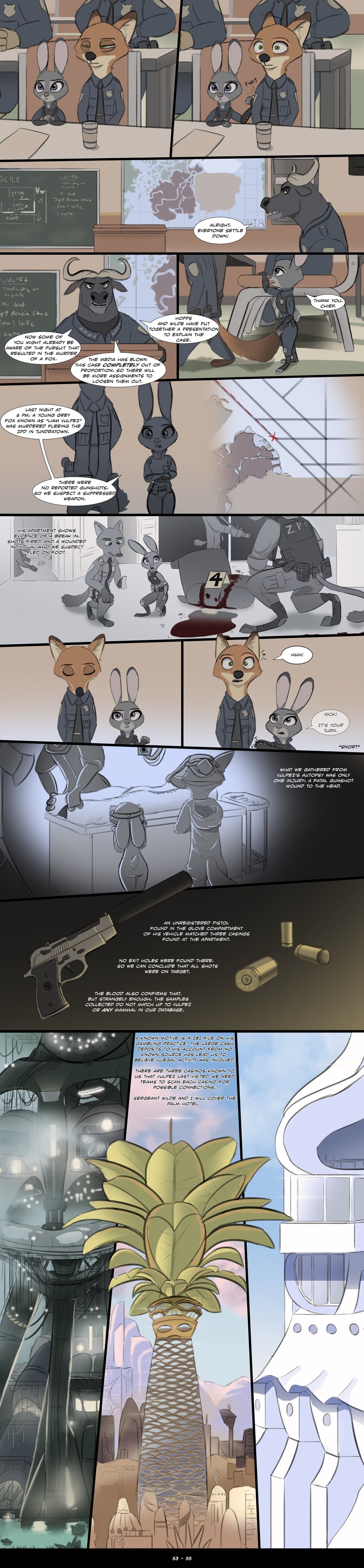 anthro belt beverage blood bodily_fluids body_bag bulletproof_vest clothed clothing coffee dipstick_ears ear_markings female group horn male multicolored_ears police police_uniform speech_bubble text uniform utility_belt yitexity disney zootopia chief_bogo judy_hopps nick_wilde bovid bovine canid canine cape_buffalo fox lagomorph leporid mammal rabbit red_fox true_fox 2017 absurd_res comic english_text hi_res long_image tall_image