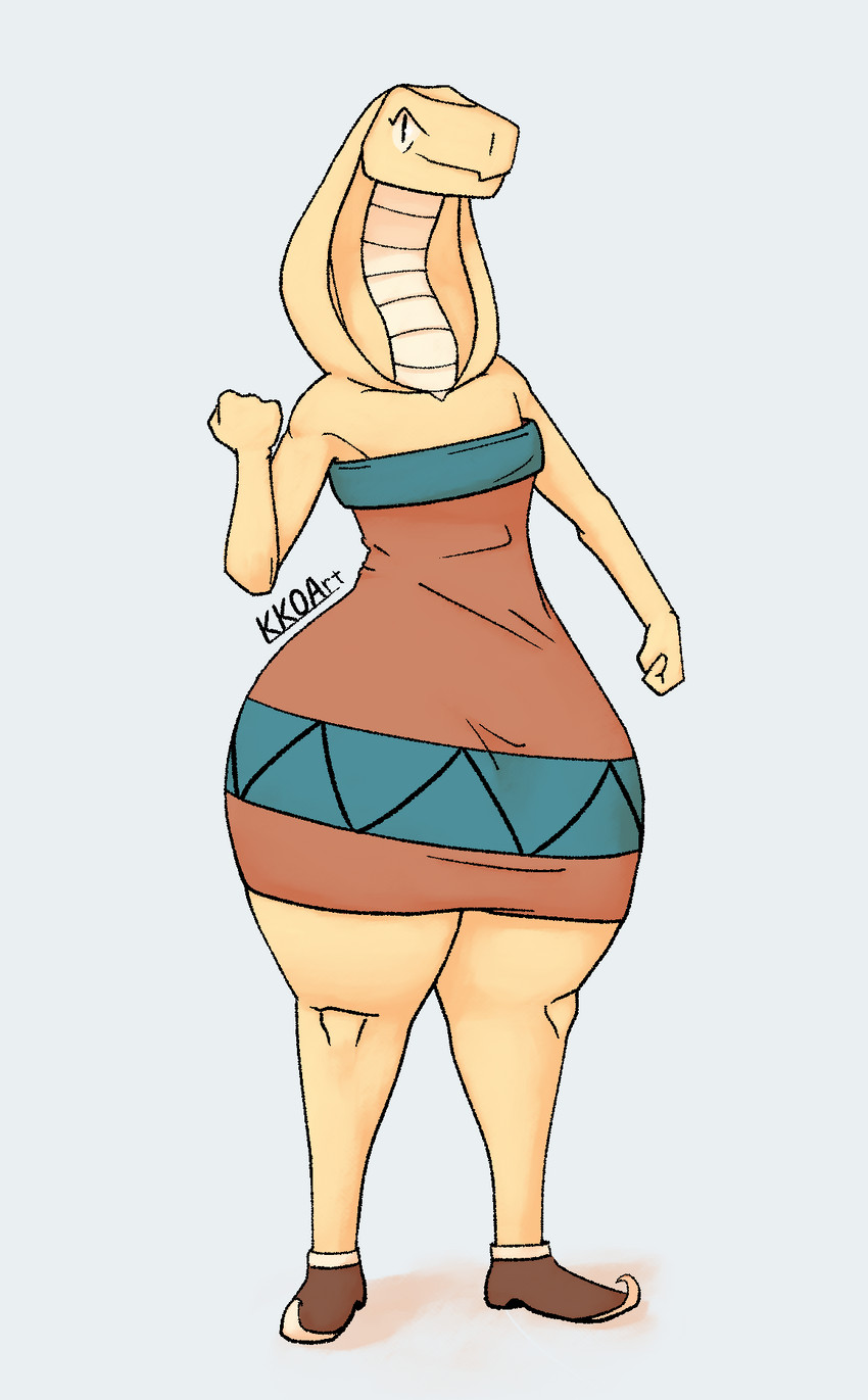 anthro arabian clothing dress eyelashes female fist flat_chested footwear long_neck pointy_shoes shoes simple_background smile snake_hood solo standing thick_thighs wide_hips kkoart unnamed_snake_(kkoart) reptile scalie snake 2021 colored full-length_portrait hi_res portrait shaded