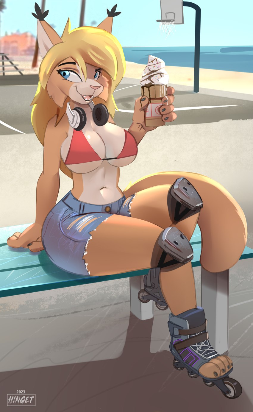 anthro basketball_court bench bleachers blue_bottomwear blue_clothing blue_eyes blue_shorts bottomwear breasts cleavage clothed clothing cutoffs denim denim_bottomwear denim_clothing dessert electronics female food furgonomics headphones ice_cream ice_cream_cone inline_skates roller_skates sand sea shorts sitting solo water year hinget lightly_breeze_(pony-way) felid feline lynx mammal 2023 absurd_res artist_name digital_media_(artwork) hi_res