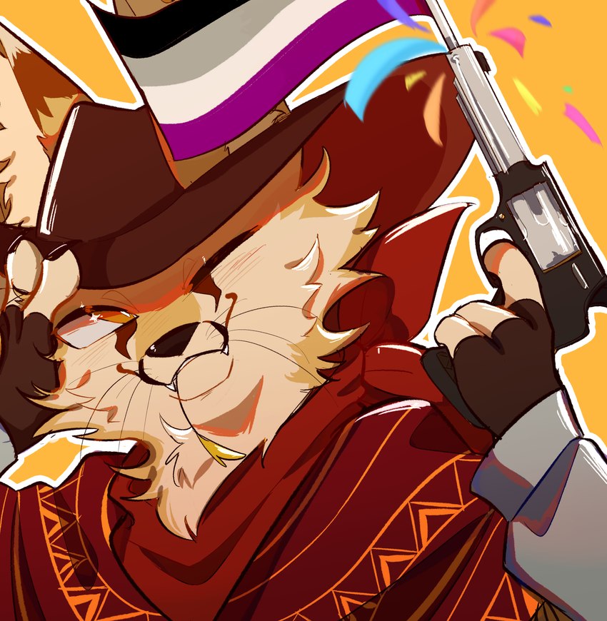 anthro asexual_pride_colors black_nose brown_body brown_fur canine_ears claws clothing cowboy_hat fur gun hat headgear headwear inner_ear_fluff lgbt_pride looking_at_object male one_eye_closed pawpads poncho pride_color_flag pride_colors ranged_weapon simple_background solo teeth tongue tongue_out tuft weapon whiskers white_body white_fur wink yellow_body yellow_eyes yellow_fur moujiiz lgbt_pride_month gale_(galefoxy) canid canine fennec_fox fox mammal true_fox absurd_res digital_media_(artwork) hi_res