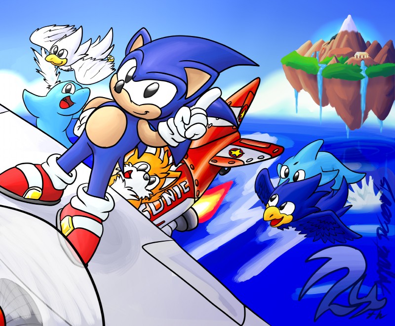 aircraft airplane ambiguous_gender angel_island anthro biplane blue_body group island male sea vehicle water azuraracon classic_sonic_(universe) sega sonic_the_hedgehog_(series) classic_sonic classic_tails miles_prower sonic_the_hedgehog avian bird cetacean dolphin eulipotyphlan hedgehog mammal marine oceanic_dolphin toothed_whale absurd_res hi_res