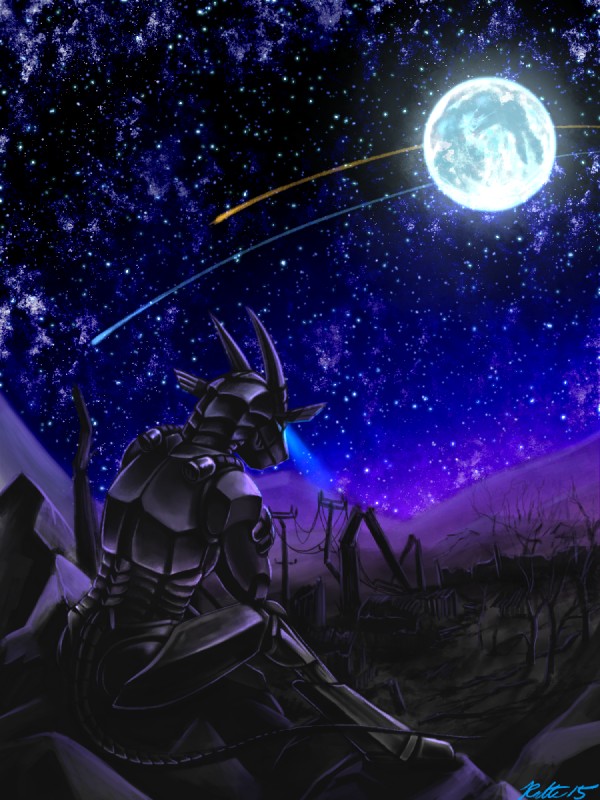 anthro armor blue_eyes detailed_background horn machine male moon shooting_star solo space conditional_dnp ratte legacy_(ratte) photon_(ratte) android mammal ratteguhn ratteguhncat robot 2015 3:4 digital_media_(artwork) hi_res signature